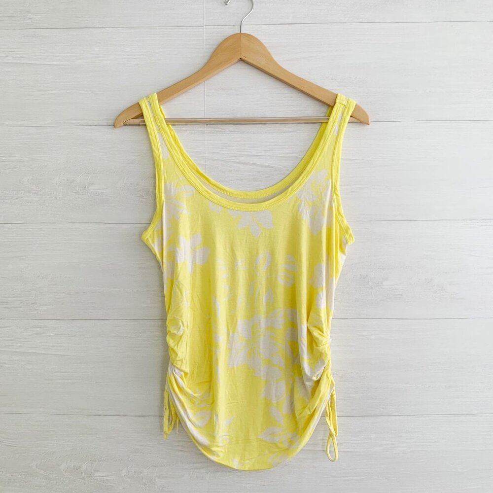 Super Soft by Torrid - Yellow stretch knit ruched tropical floral tank, 00 (M/L)
